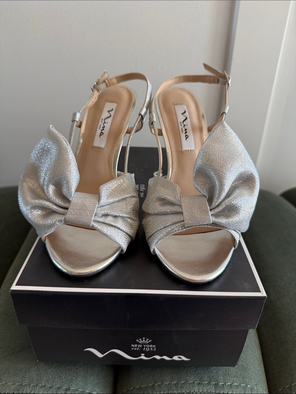 Nina Metallic Silver Bow Open-Toe Slingbacks